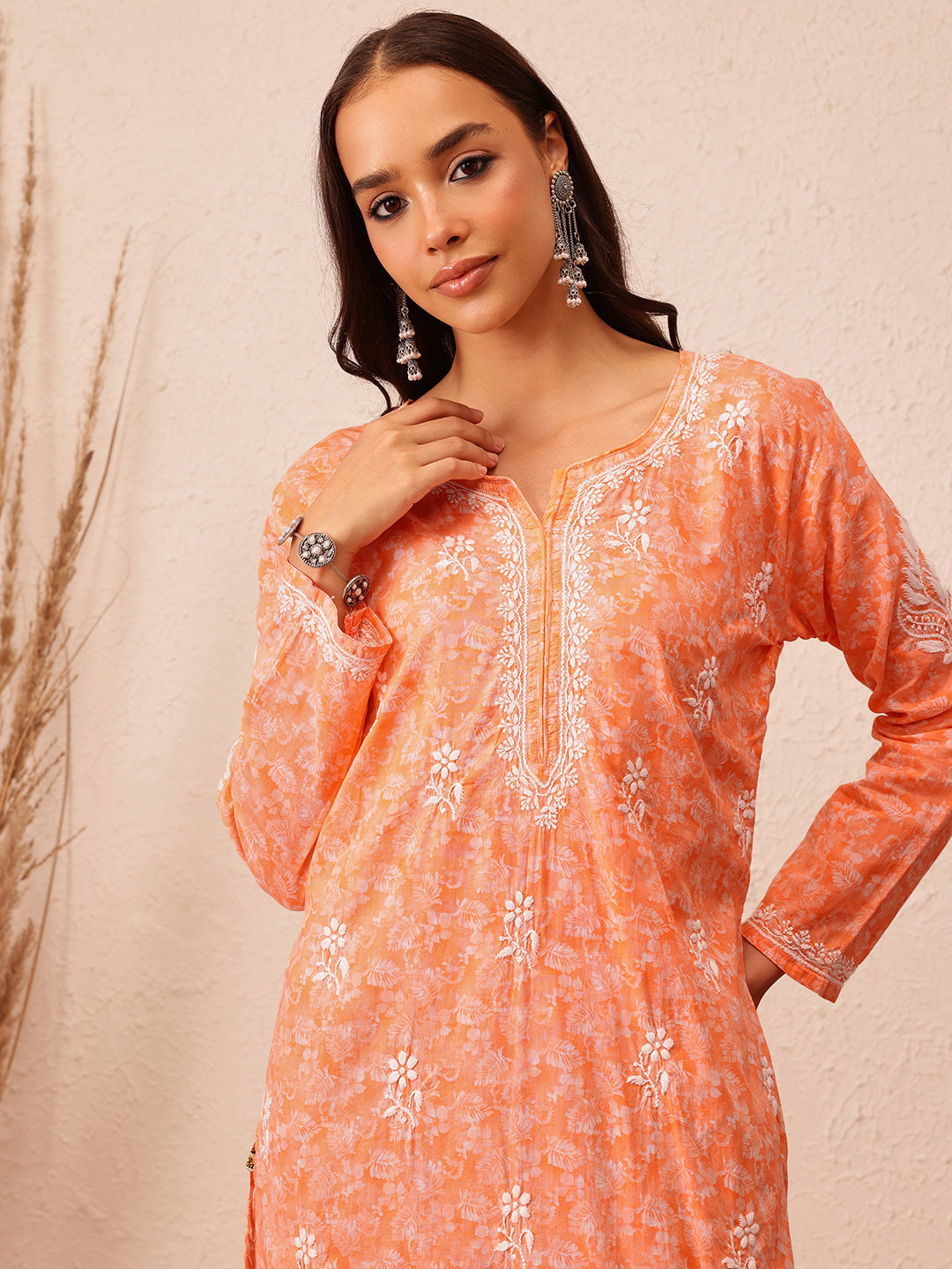 Peach Cotton Lucknow Chikankari Kurta