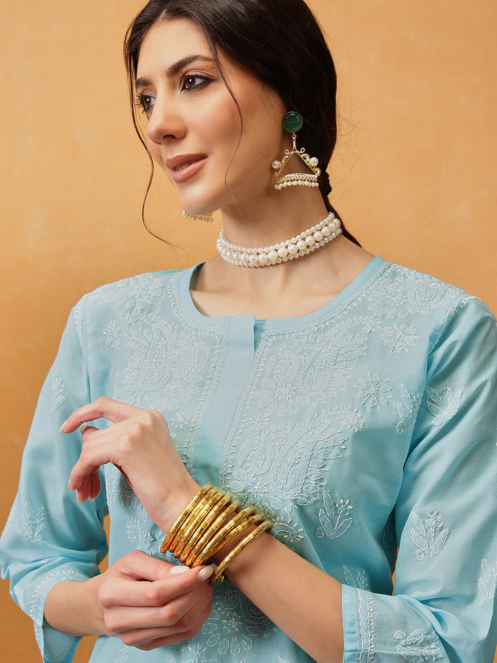 Blue Hand Embroidered Chikankari Kurta