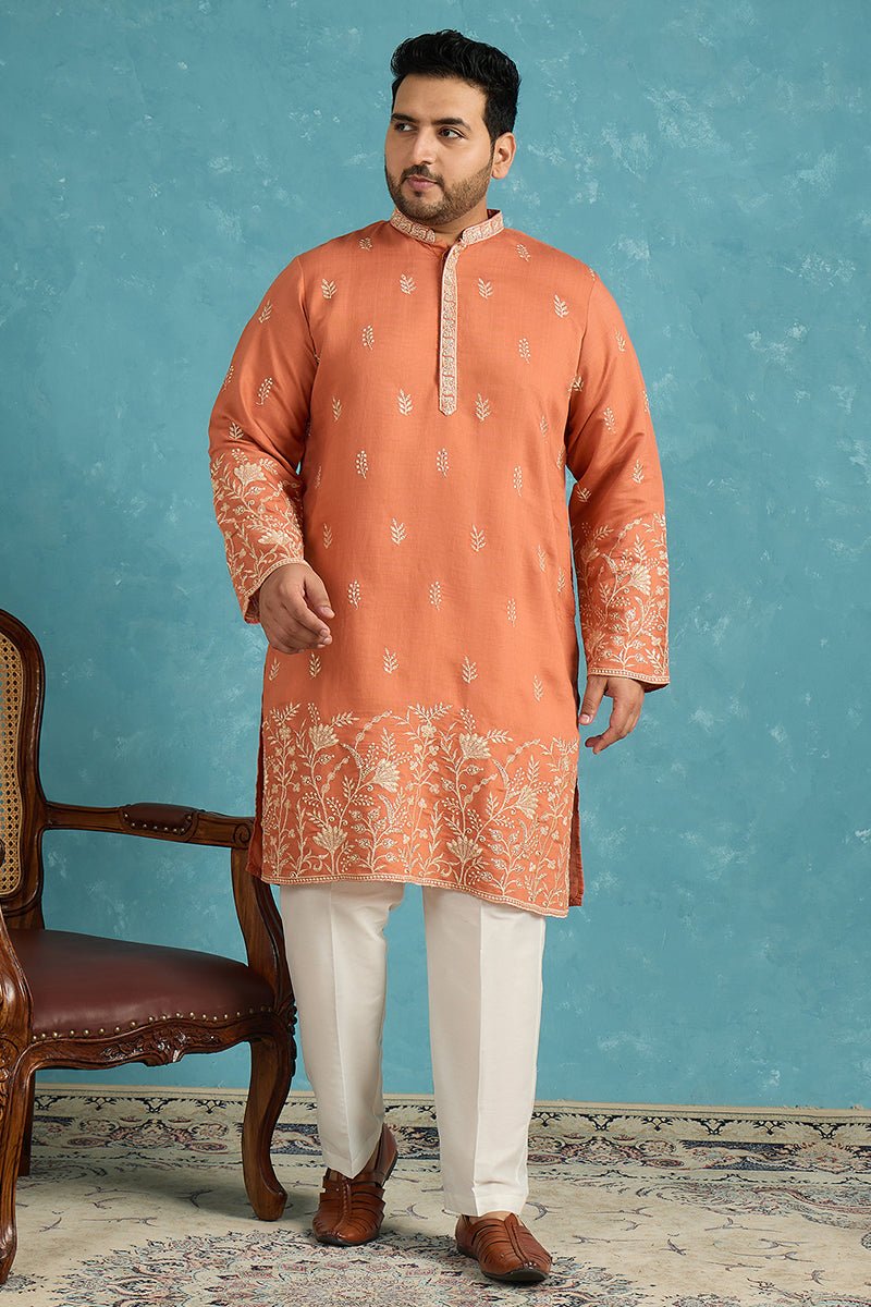 Mens Peach Silk Blend Solid Thread Work Embroidered Kurta