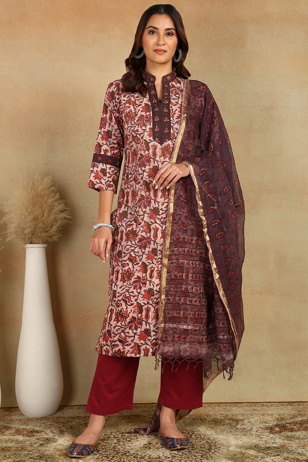 Maroon-&-Brown-Kota-Doria-Printed-Dupatta