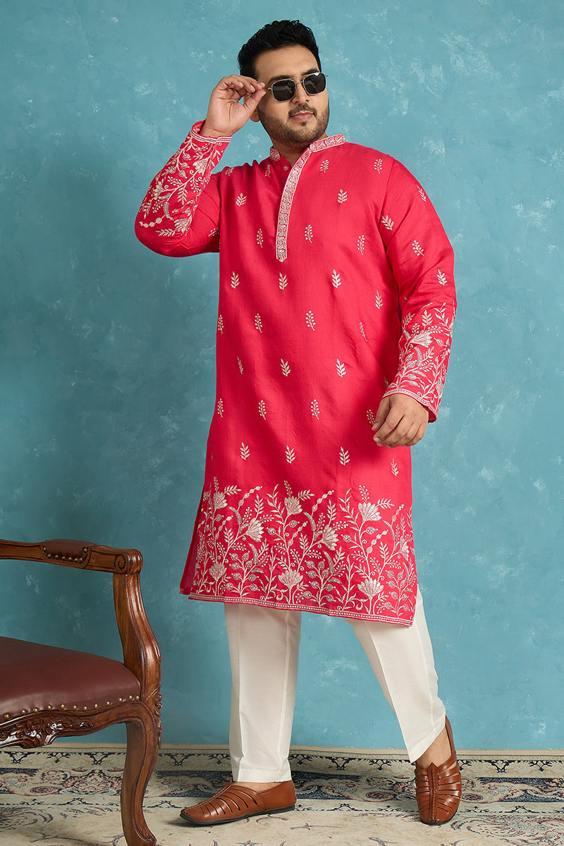 Mens Pink Silk Blend Solid Thread Work Embroidered Kurta