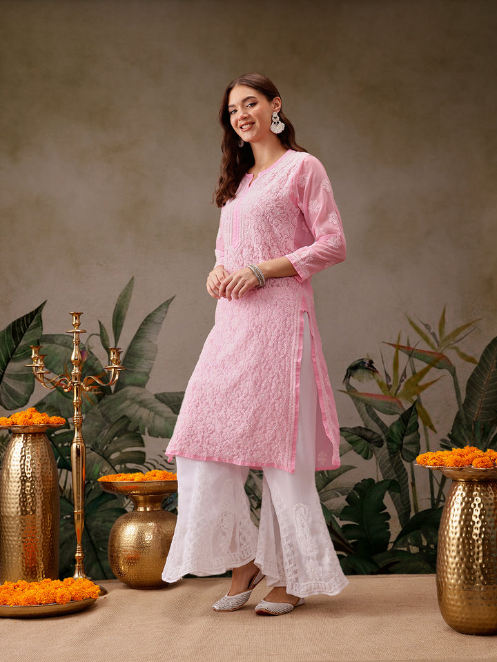 Baby Pink Faux Georgette Chikan Kurti