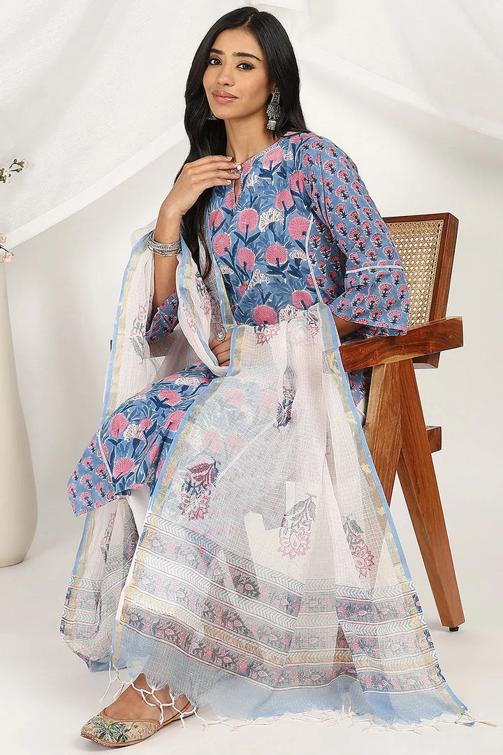 Blue-Cotton-Straight-Sanganeri-Kurta-Only
