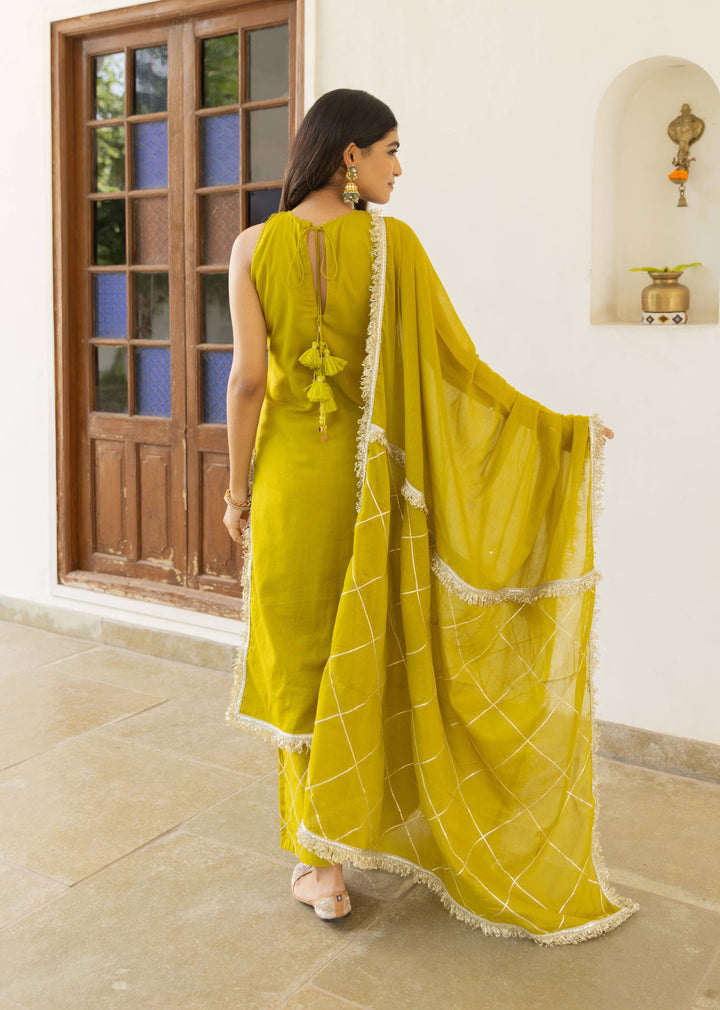 Olive-Green-Mulmul-Halter-Key-Hole-Straight-Kurta-Set