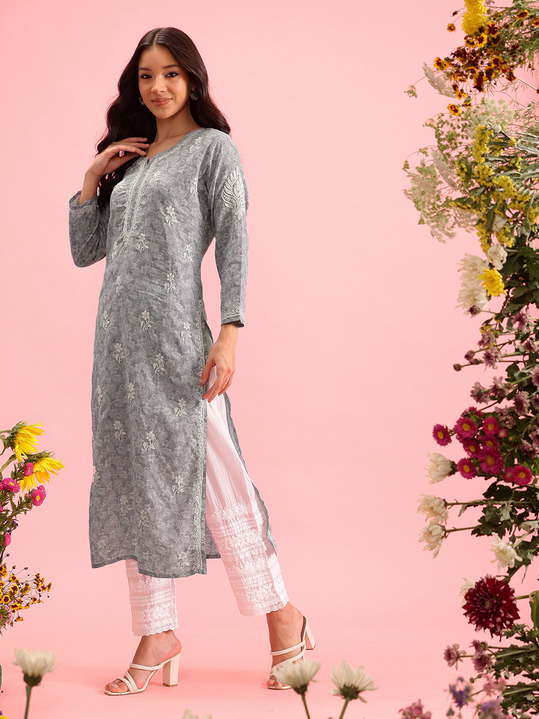 Grey Cotton Lucknow Chikankari Kurta