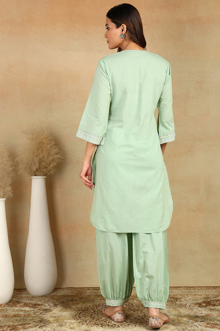 Green-Cotton-Embroidered-Short-Kurta