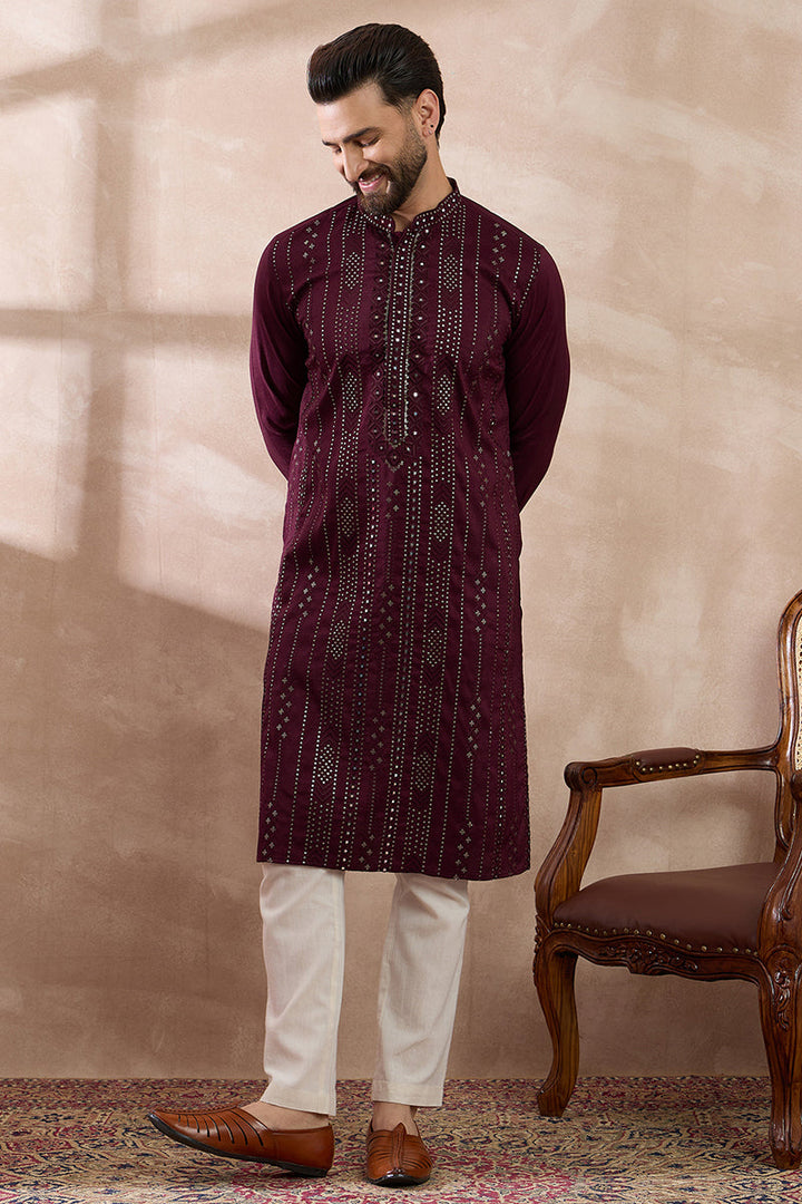 Mens Purple Silk Blend Embroidered Mandarin Collar Straight Kurta With Trouser