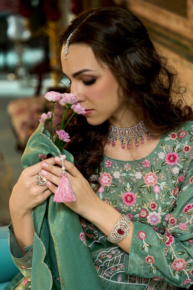 Green Solid Embroidered Straight Kurta Palaazo with Dupatta