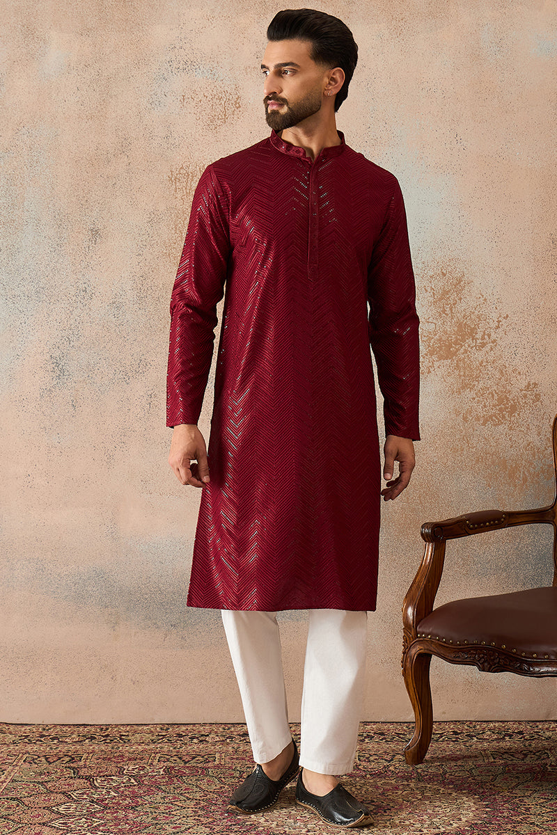 Mens Maroon Rayon Embroidered Straight Kurta