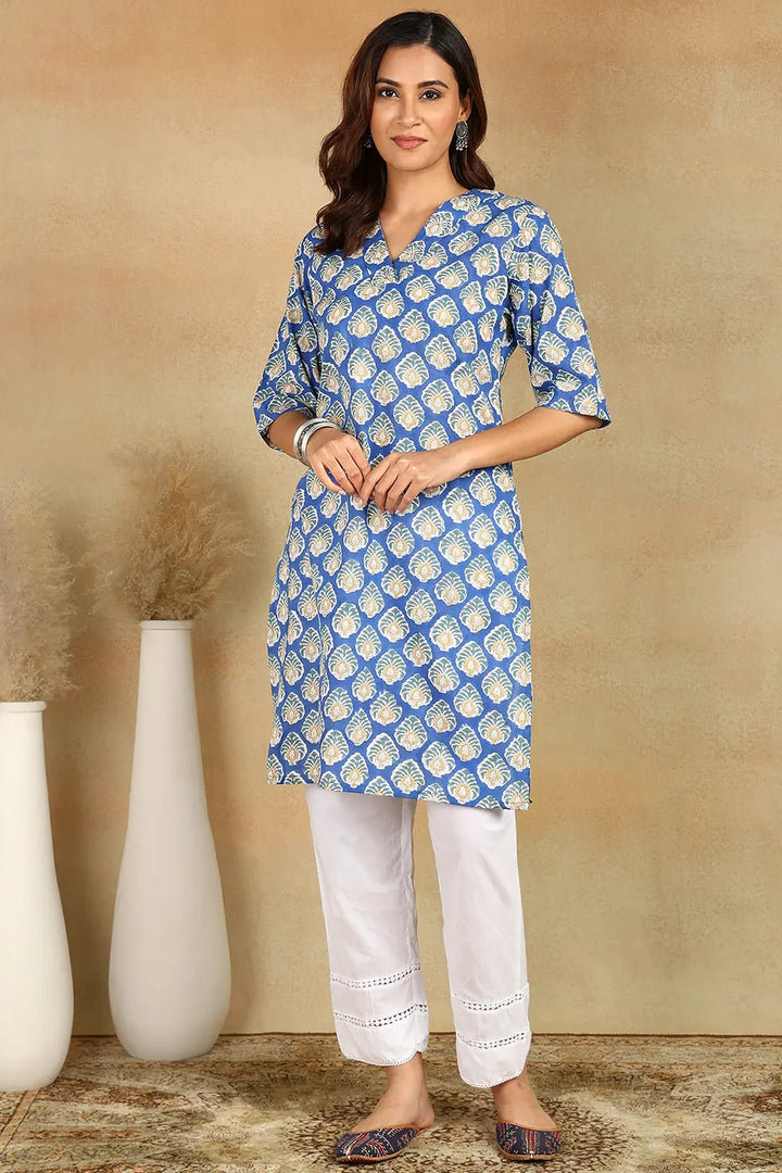 Blue-Cotton-Hand-Block-Printed-Sanganeri-Short-Kurta