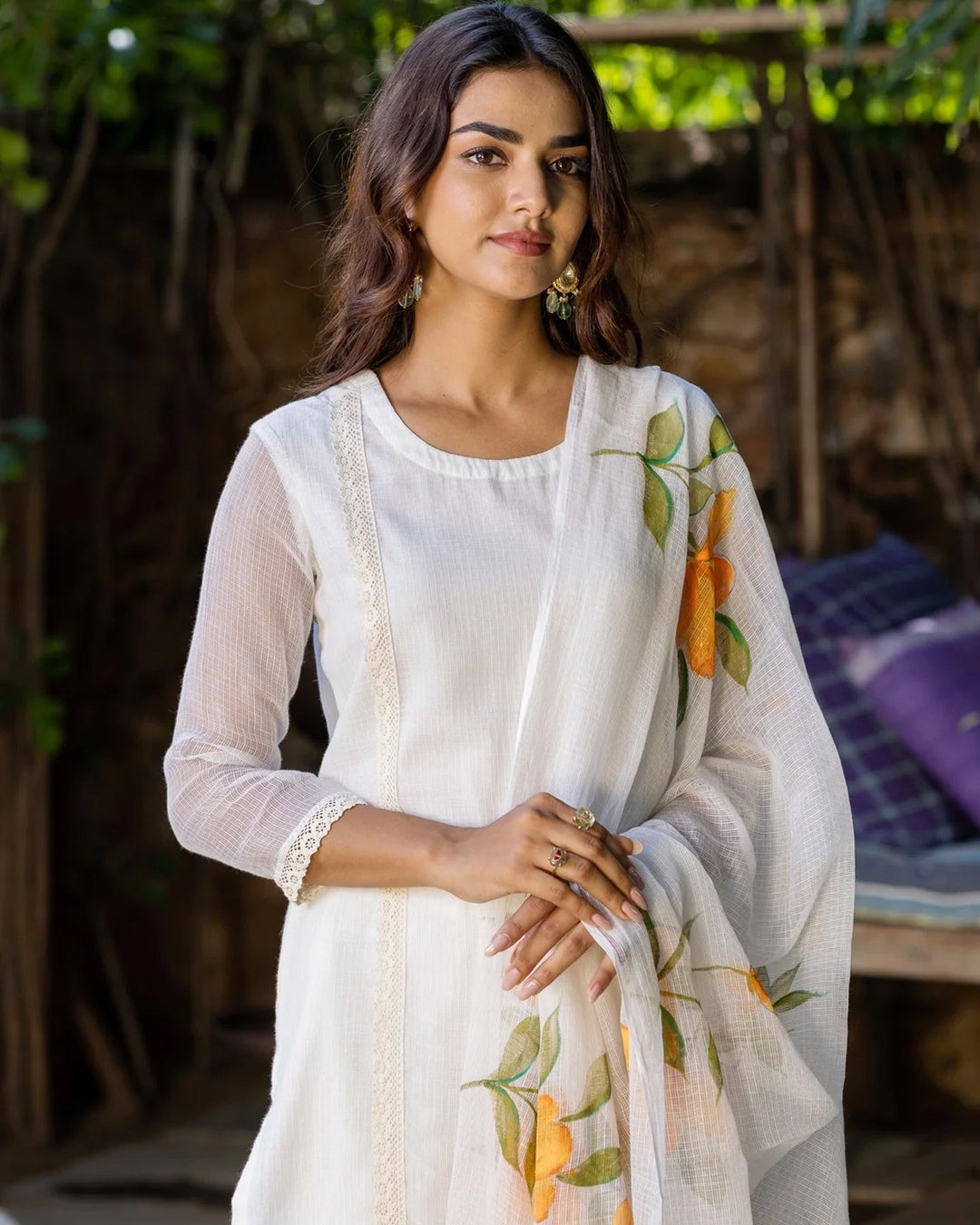 White-Kota-Doria-Hand-Painted-3-Piece-Kurta-Set