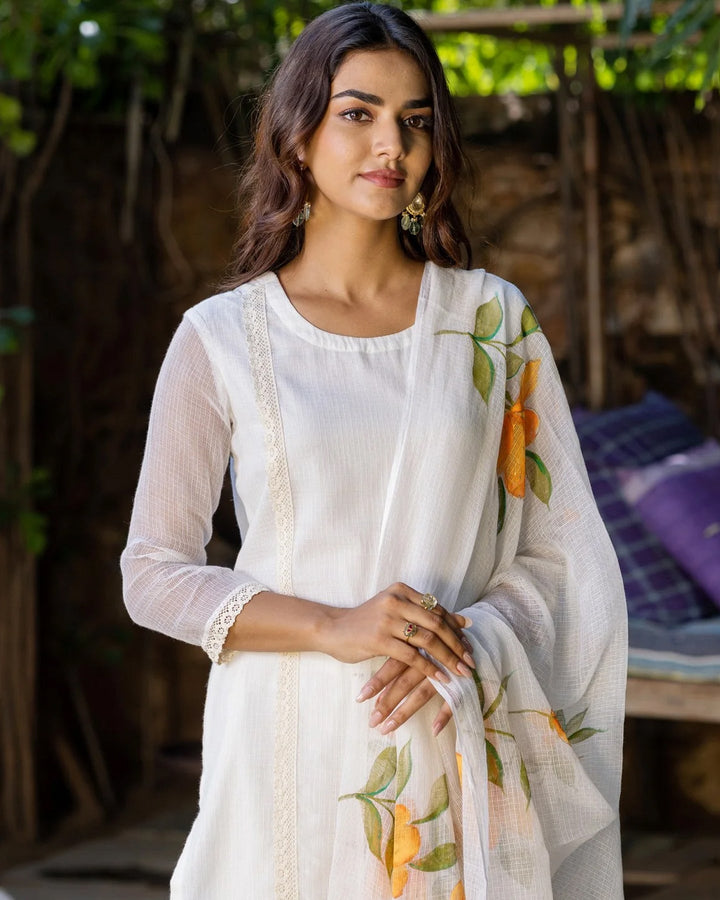 White-Kota-Doria-Hand-Painted-3-Piece-Kurta-Set
