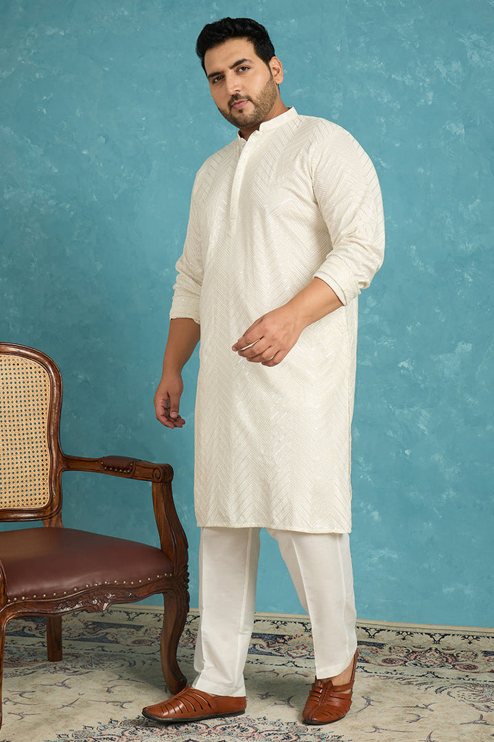 Mens Off White Viscose Rayon Solid Sequins Embroidered Kurta