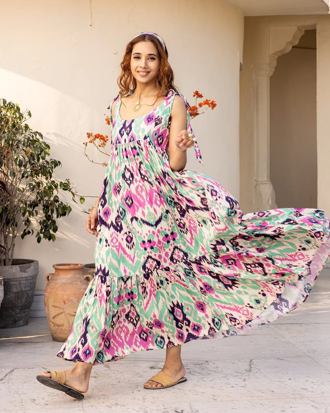 Multicolor-Rayon-Multi-Hued-Ikat-Maxi-Dress