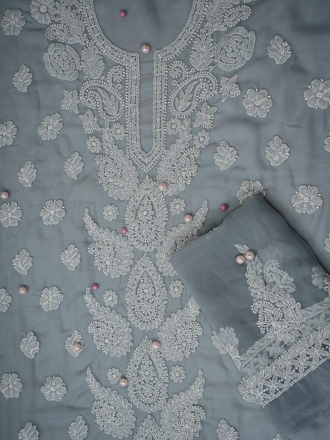 Grey Chikankari Unstitched Dress Material