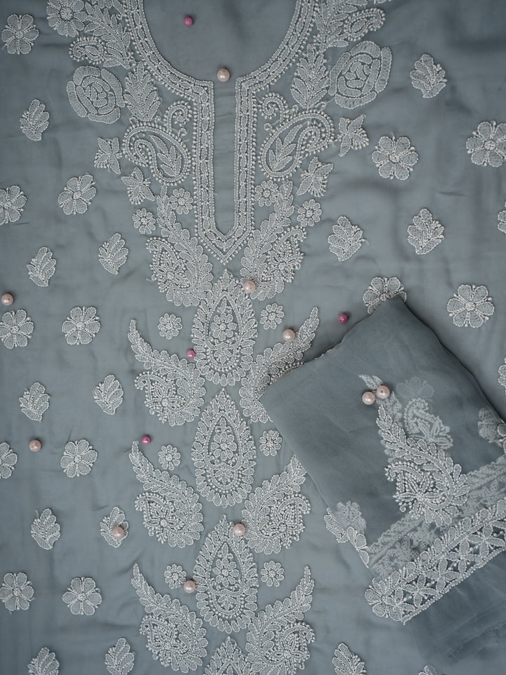 Grey Chikankari Unstitched Dress Material