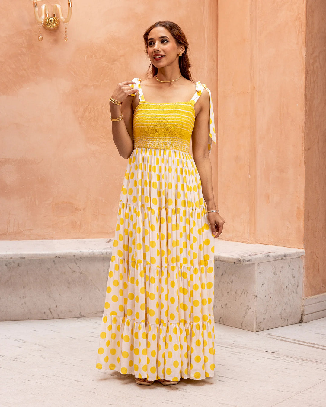 Yellow-Rayon-Smocked-&-Polka-Maxi-Dress