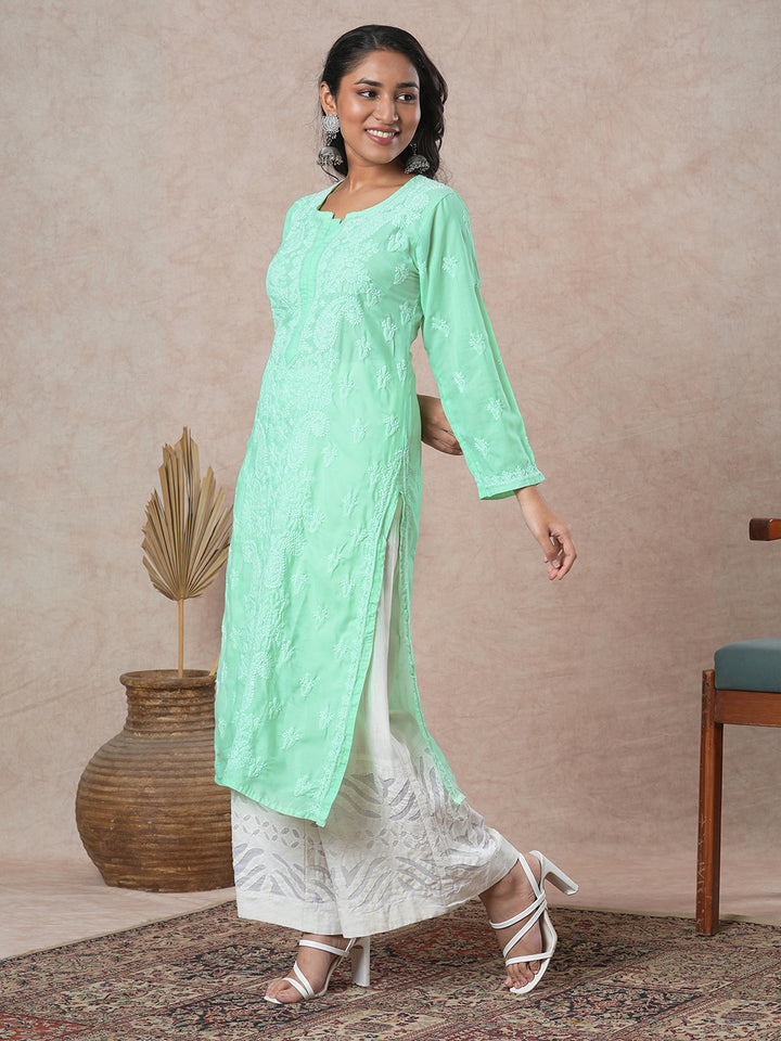 Hand Embroidered Lucknowi Chikankari Green & White Cotton Kurta