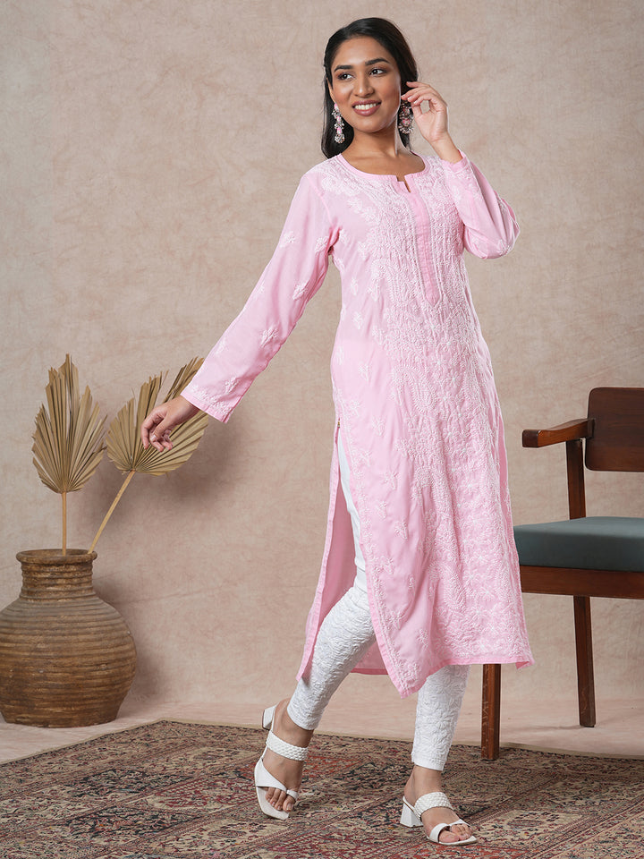 Hand Embroidered Lucknowi Chikankari Pink & White Cotton Kurta