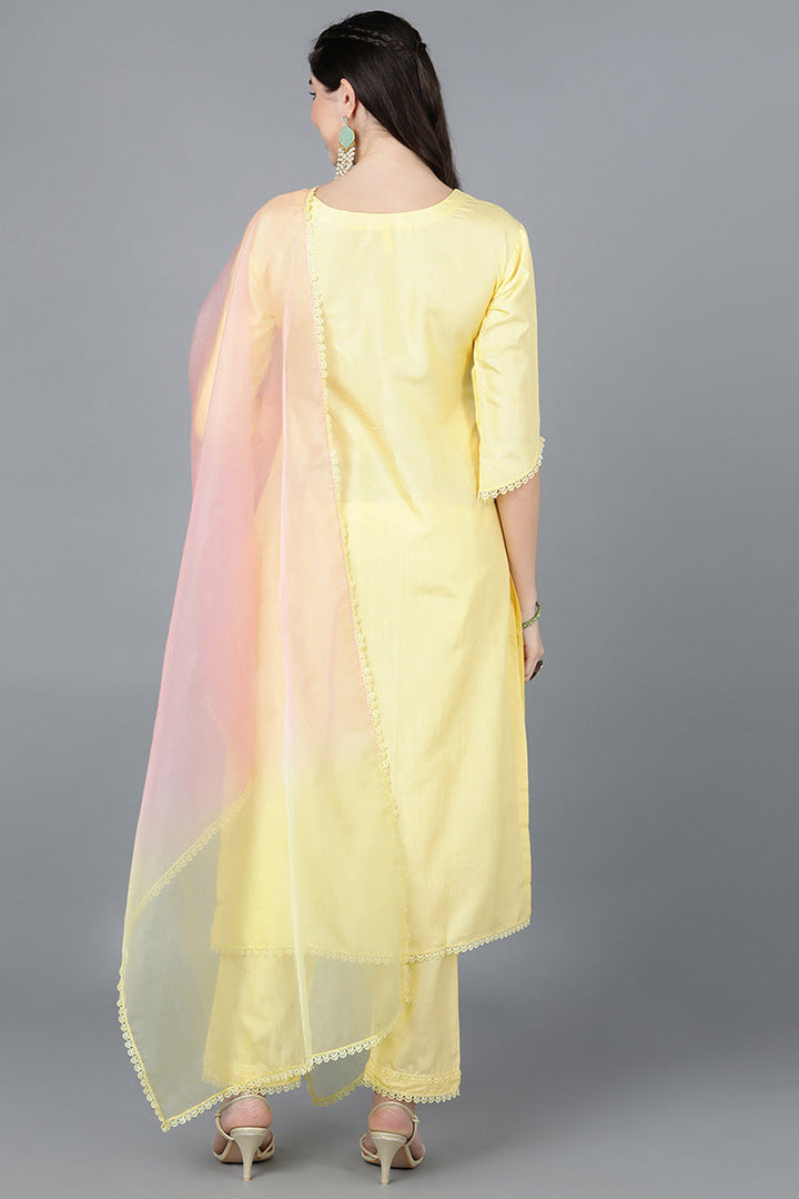 Yellow-Poly-Silk-Straight-3-Piece-Kurta-Set