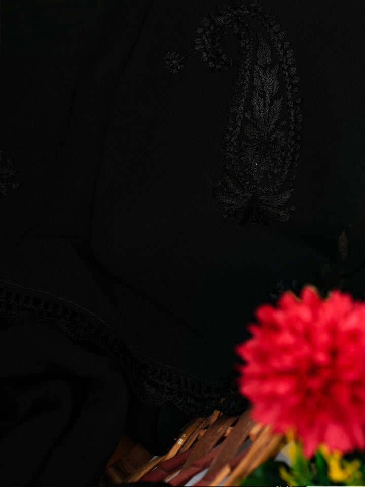 Black Poly Georgette Floral Chikankari Handloom Dupatta