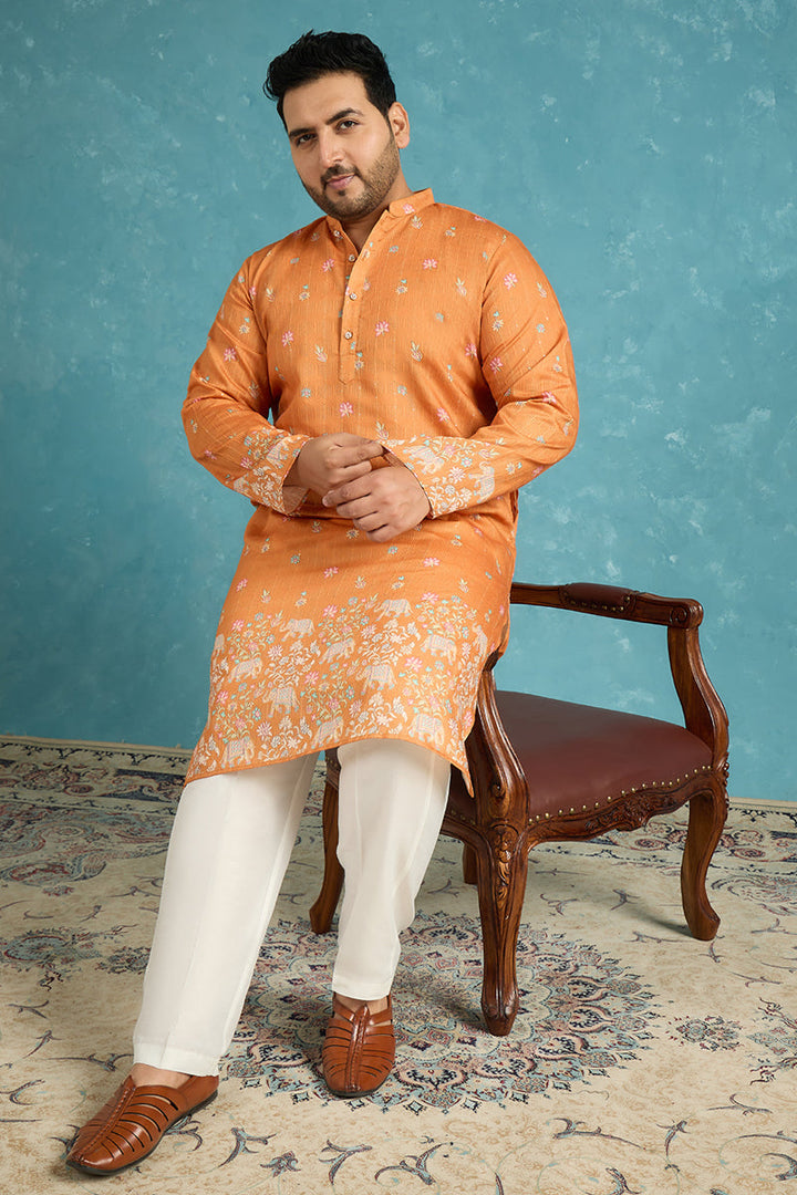 Mens Orange Silk Blend Floral Sequins Printed Kurta