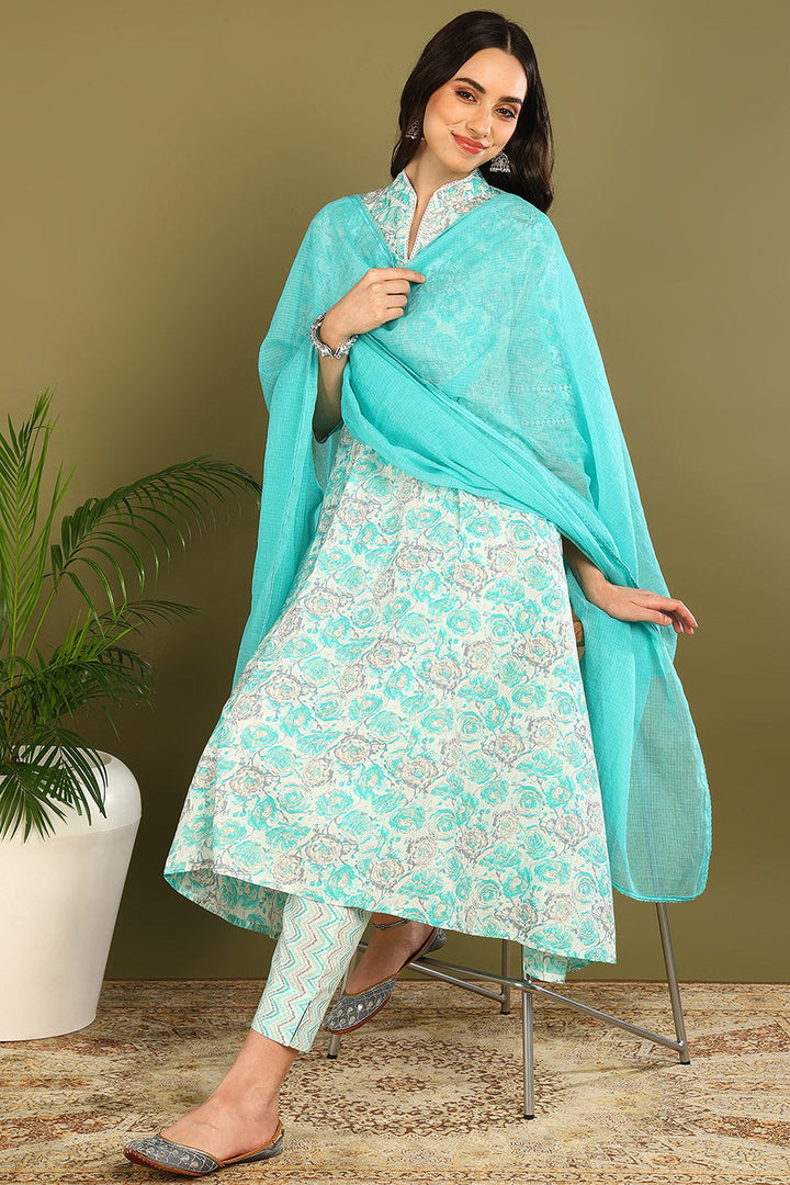 Green-Cotton-Printed-A-Line-Sanganeri-Kurta