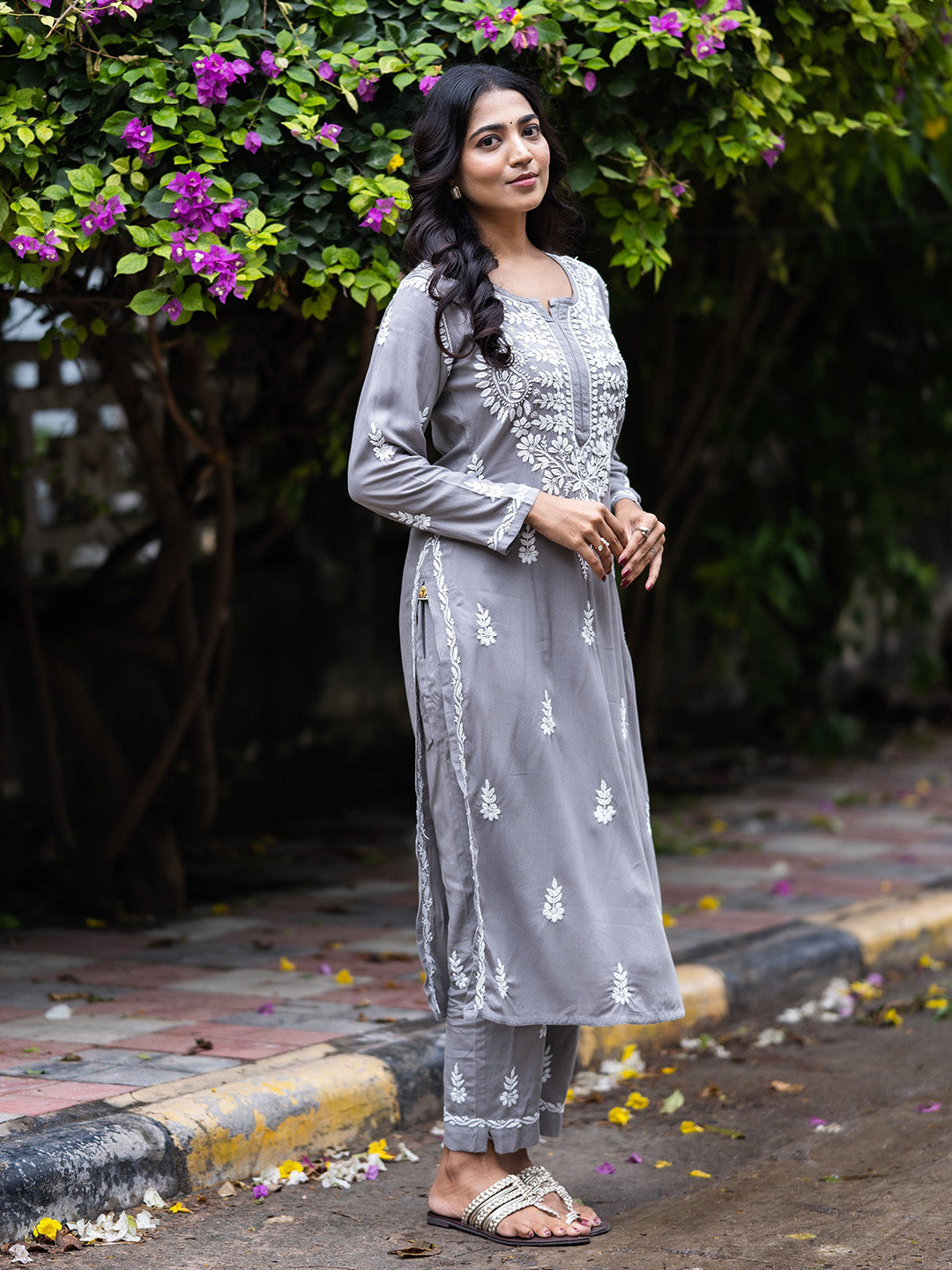 Grey Rayon Chikankari Motif 2-Piece Kurta Set