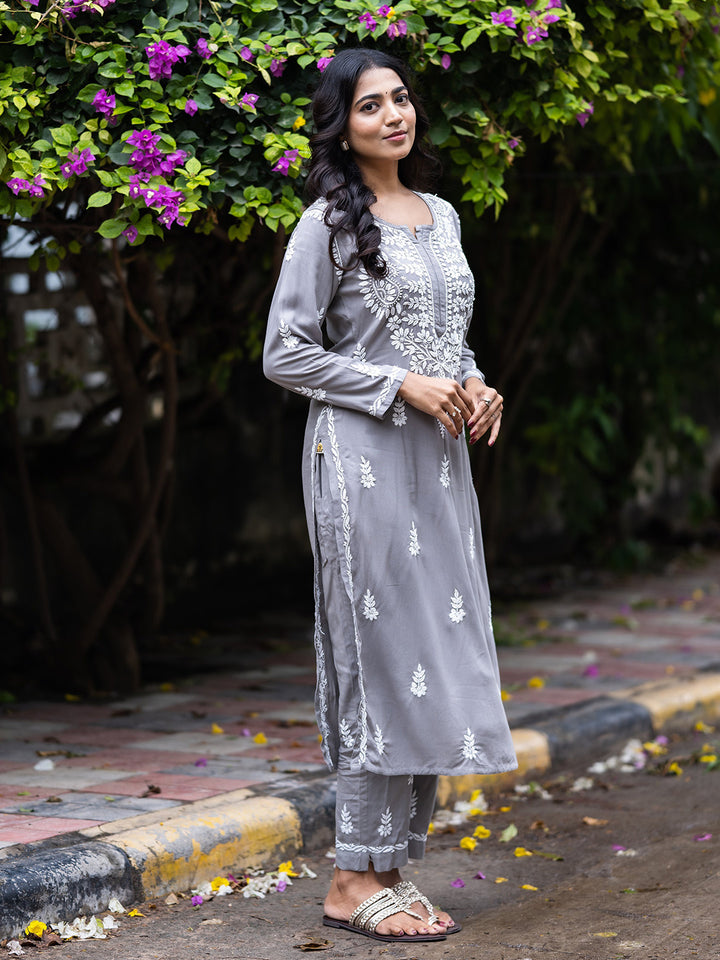 Grey Rayon Chikankari Motif 2-Piece Kurta Set