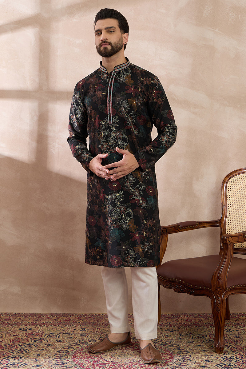 Mens Black Silk Blend Printed Mandarin Collar Straight Kurta