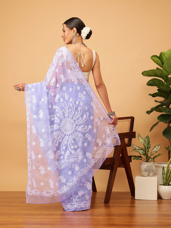 Mauve Poly Georgette Embroidered Chikankari Saree