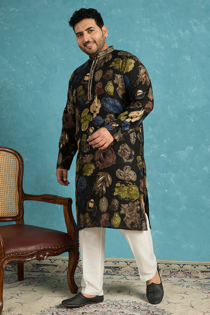 Mens Black Silk Blend Abstract Printed Kurta