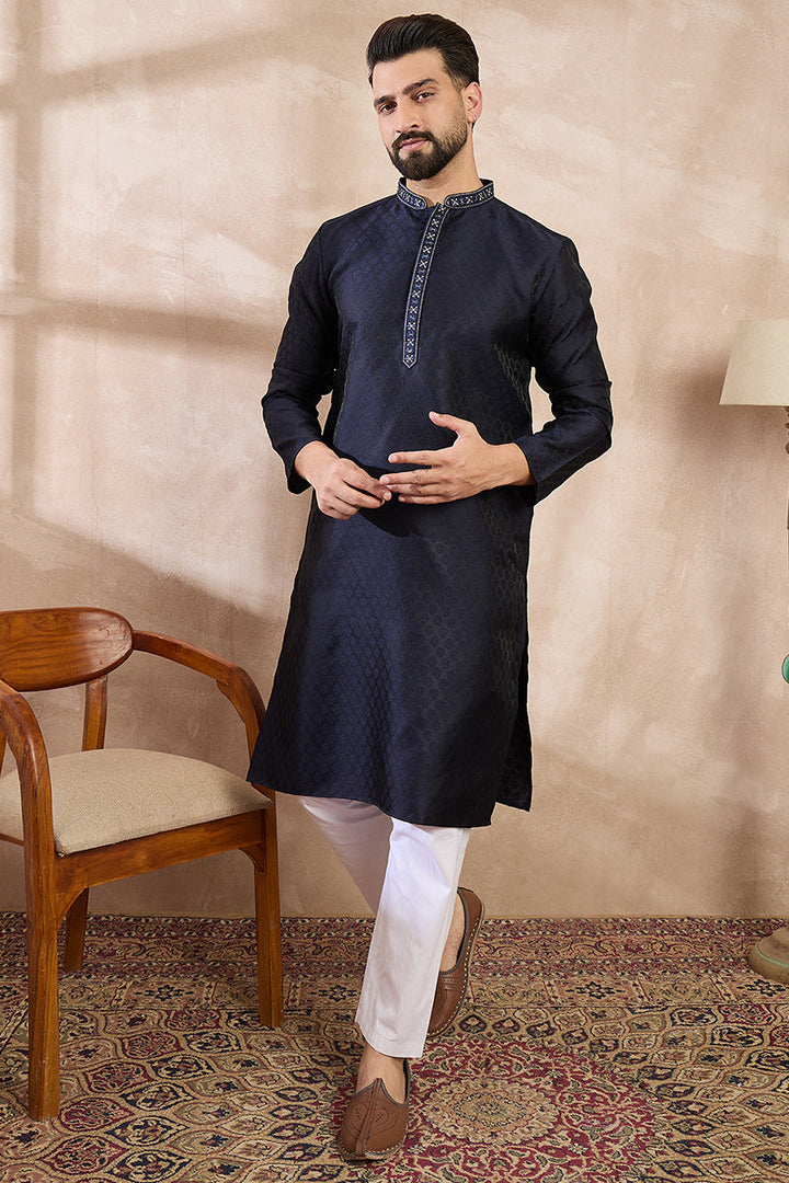 Mens Navy Blue Silk Blend Solid Woven Design Straight Kurta