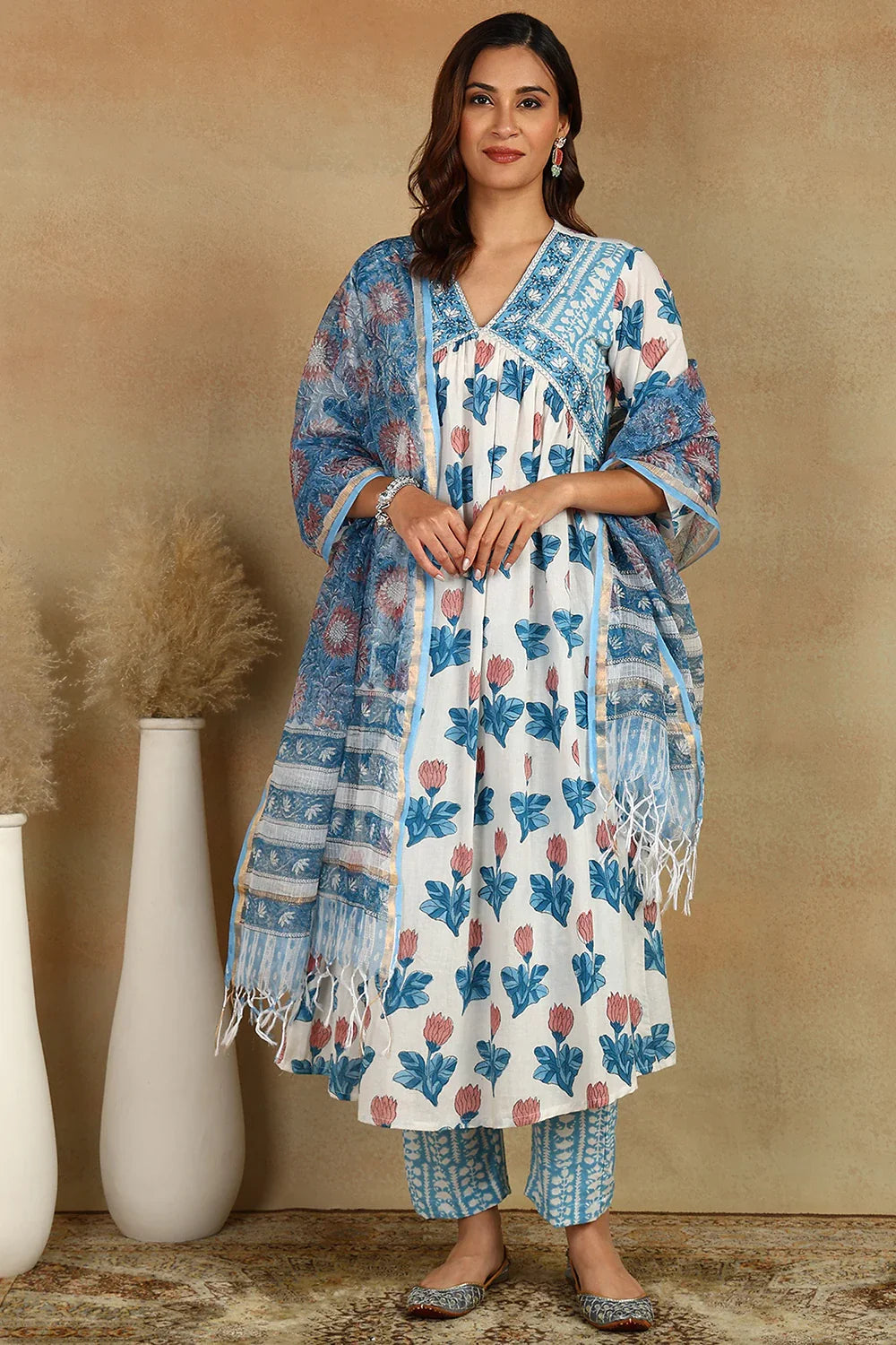 White-&-Blue-Cotton-Hand-Block-Printed-A-Line-Kurta