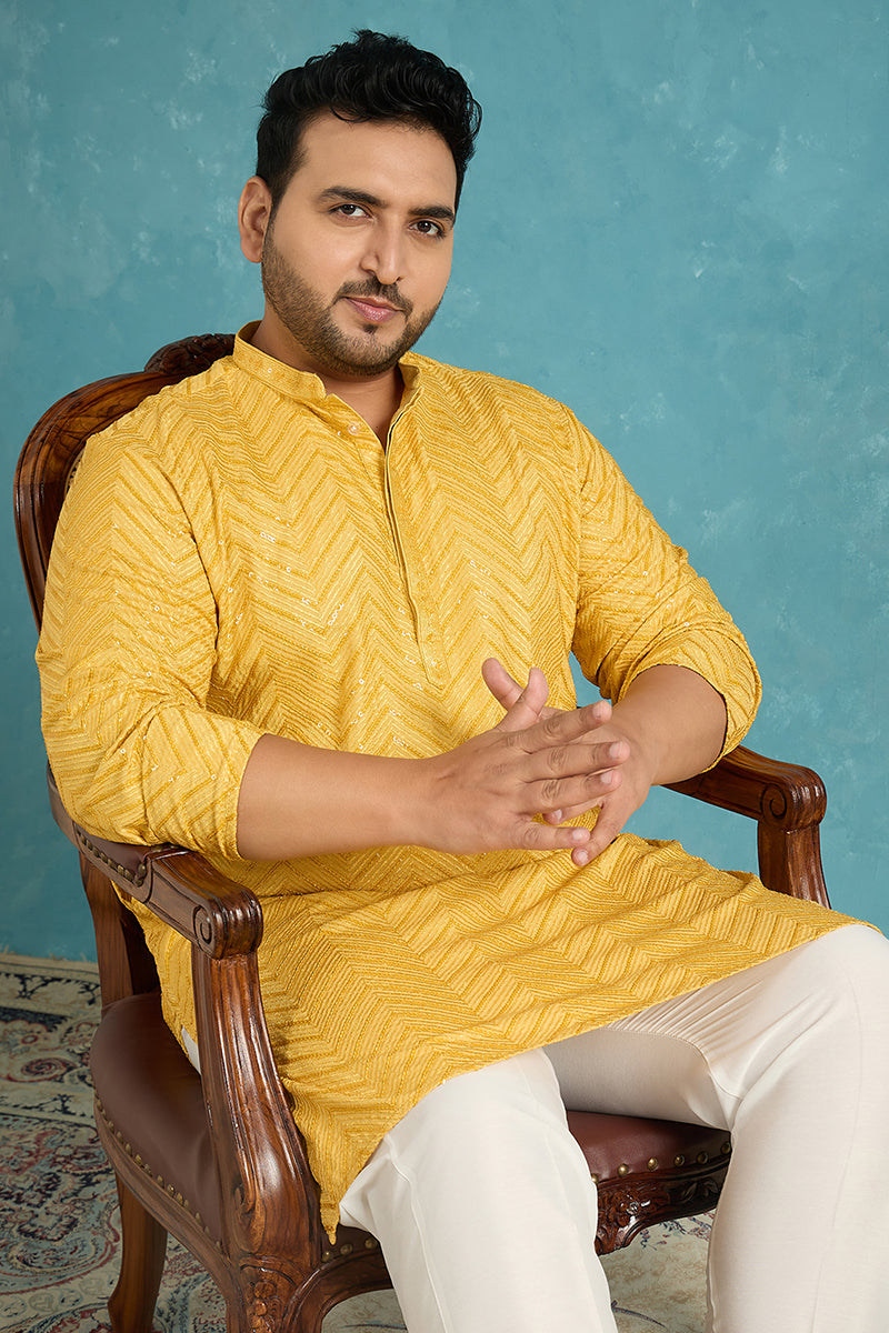 Mens Yellow Viscose Rayon Solid Thread Work Embroidered Kurta