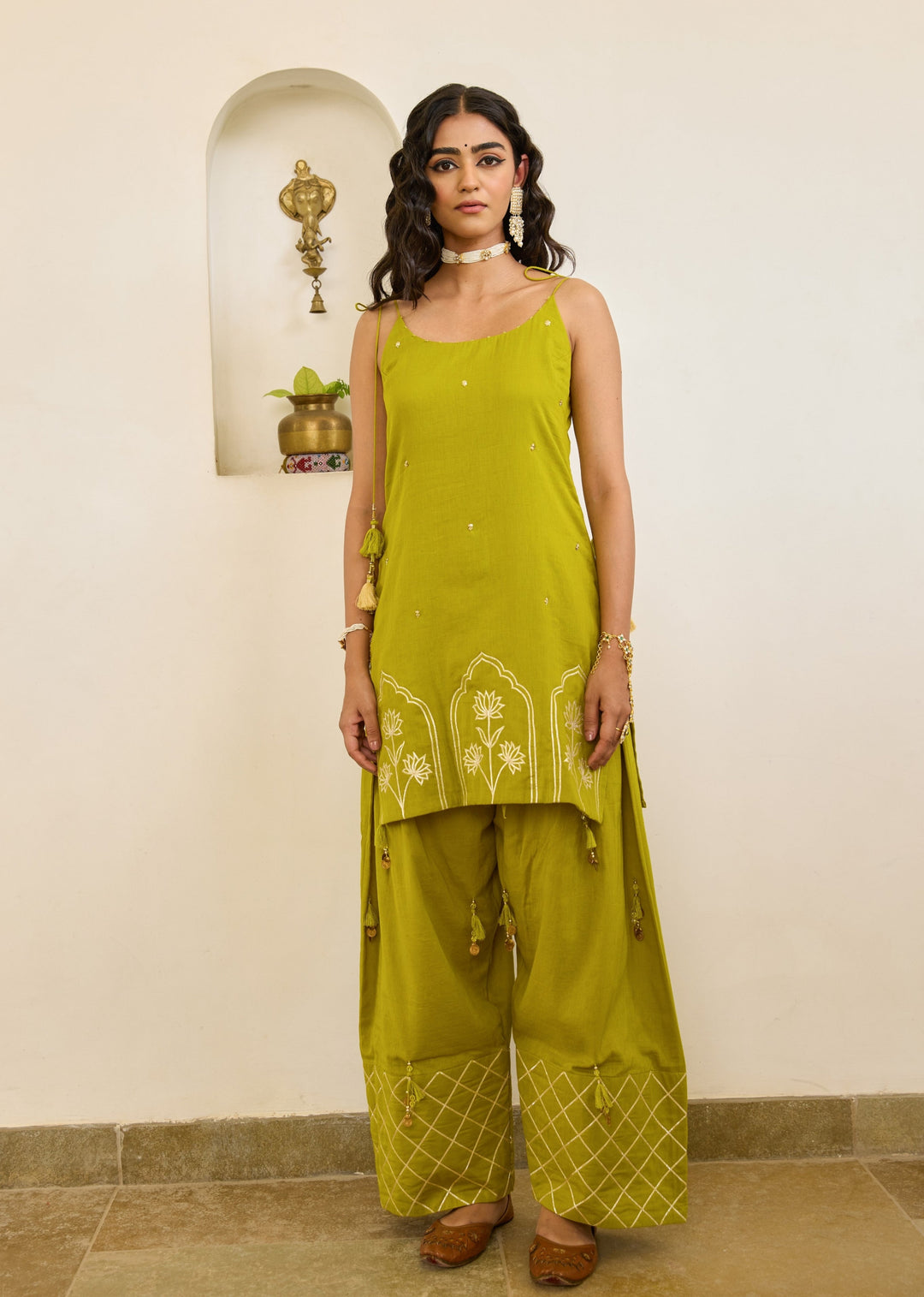 Mehndi-Green-Mulmul-Strappy-Kurta-With-Farshi-Shalwar-Set