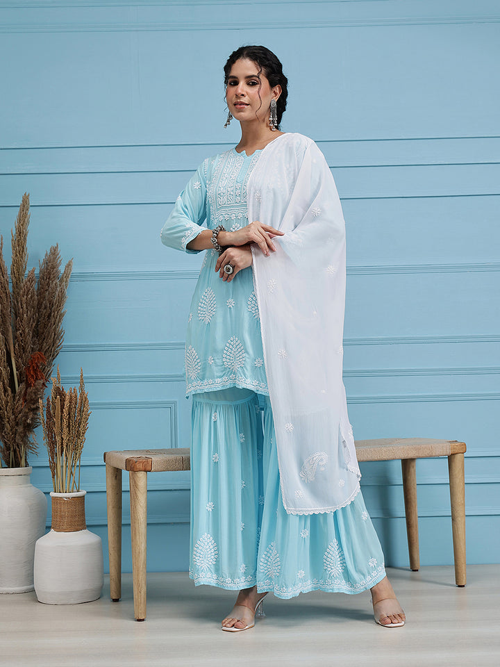 White Poly Georgette Floral Chikankari Handloom Dupatta