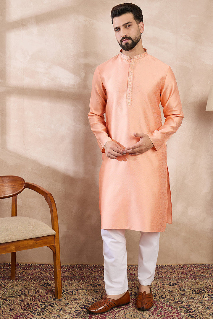 Mens Peach Silk Blend Solid Embroidered Straight Kurta