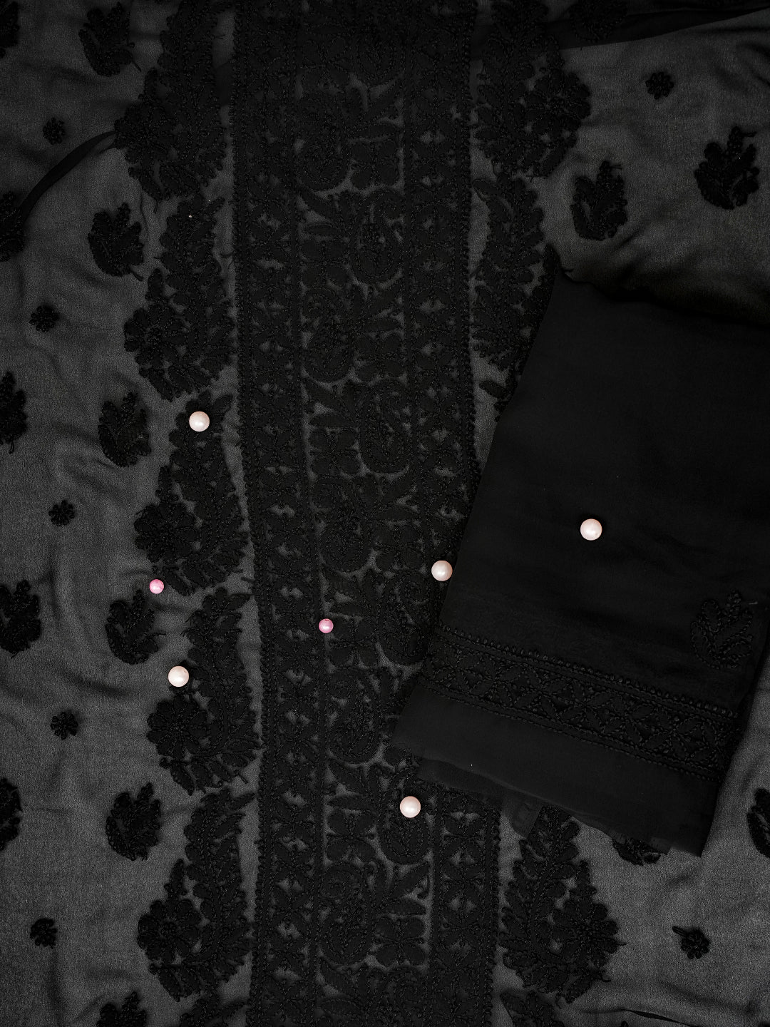 Black Chikankari Unstitched Dress Material
