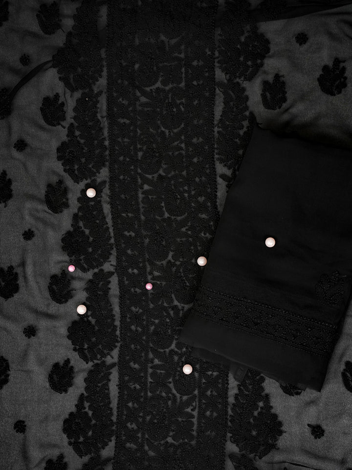 Black Chikankari Unstitched Dress Material