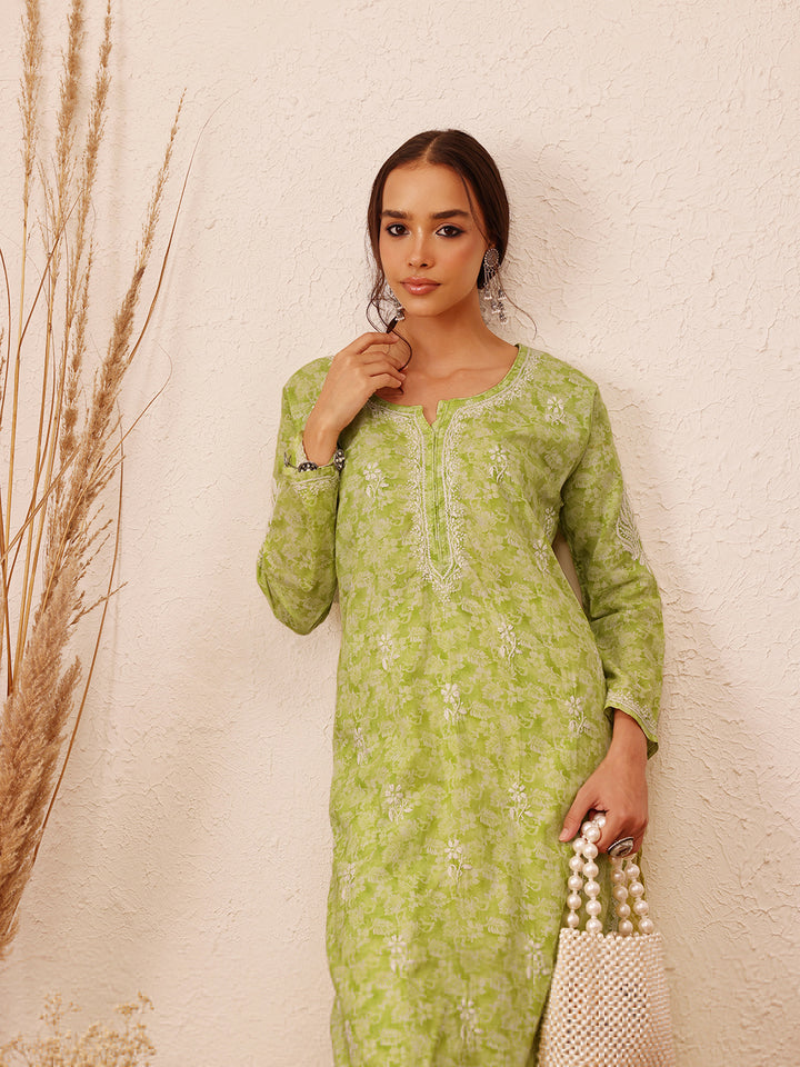 Green Cotton Lucknow Chikankari Kurta