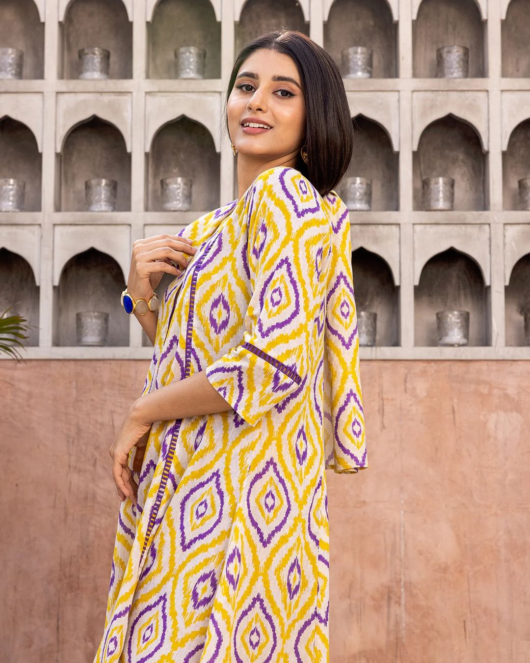 Yellow-Cotton-Ikat-A-Line-2-Piece-Kurta-Set