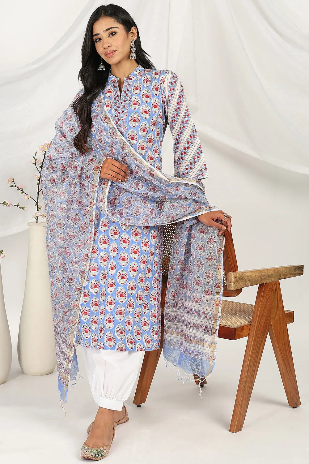 Blue-Kota-Doria-Hand-Block-Daboo-Printed-Dupatta-ONLY
