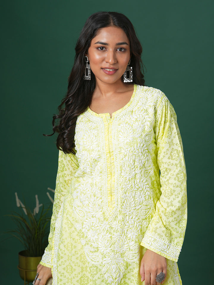 Lemon Yellow & White Embroidered Chikankari Cotton Kurta