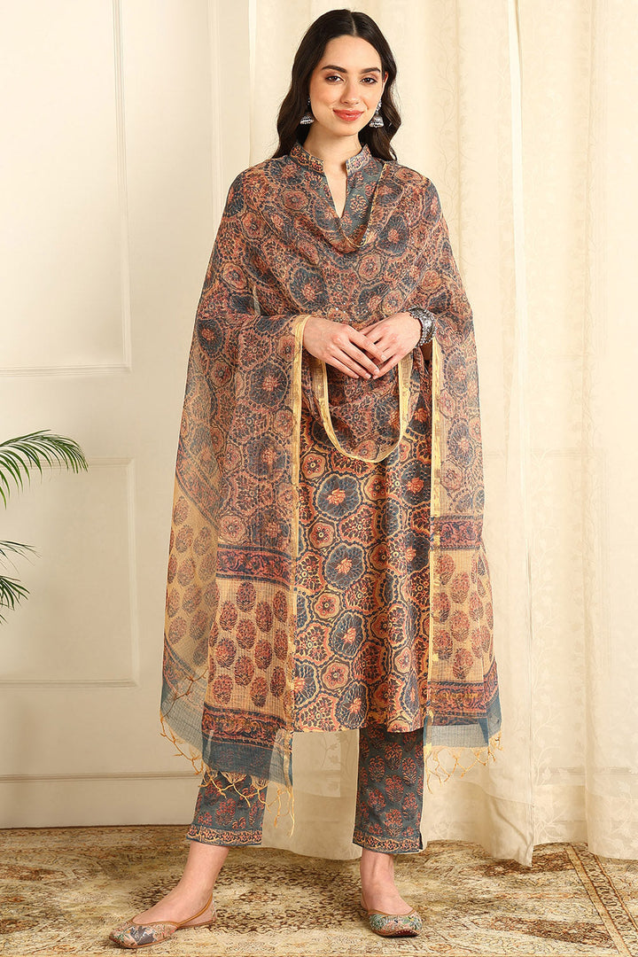 Powder-Blue-&-Beige-Kota-Doria-Printed-Dupatta