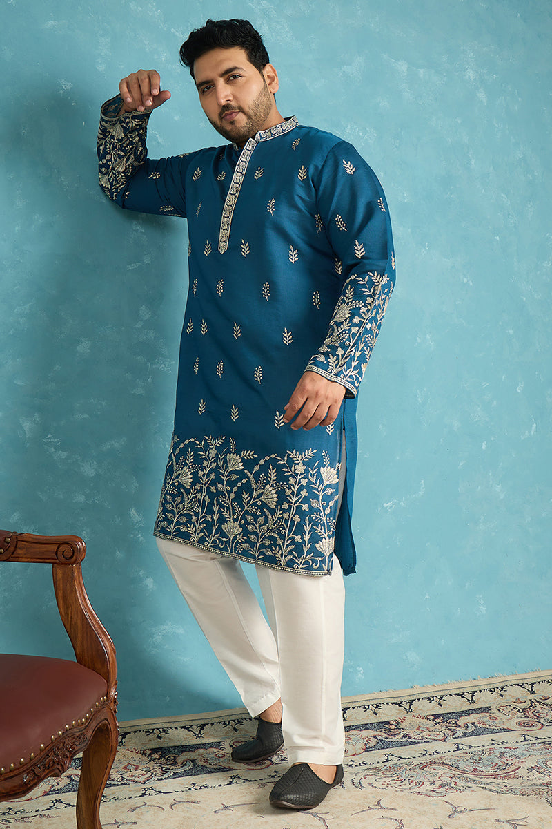 Mens Blue Silk Blend Solid Thread Work Embroidered Kurta
