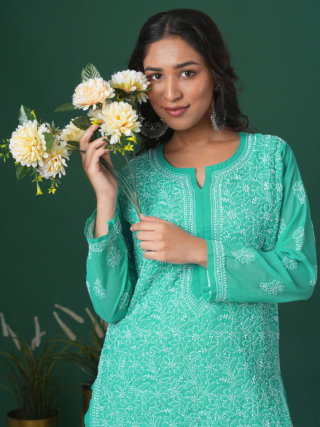 Sea Green Georgette Lucknow Chikan Kurta Only