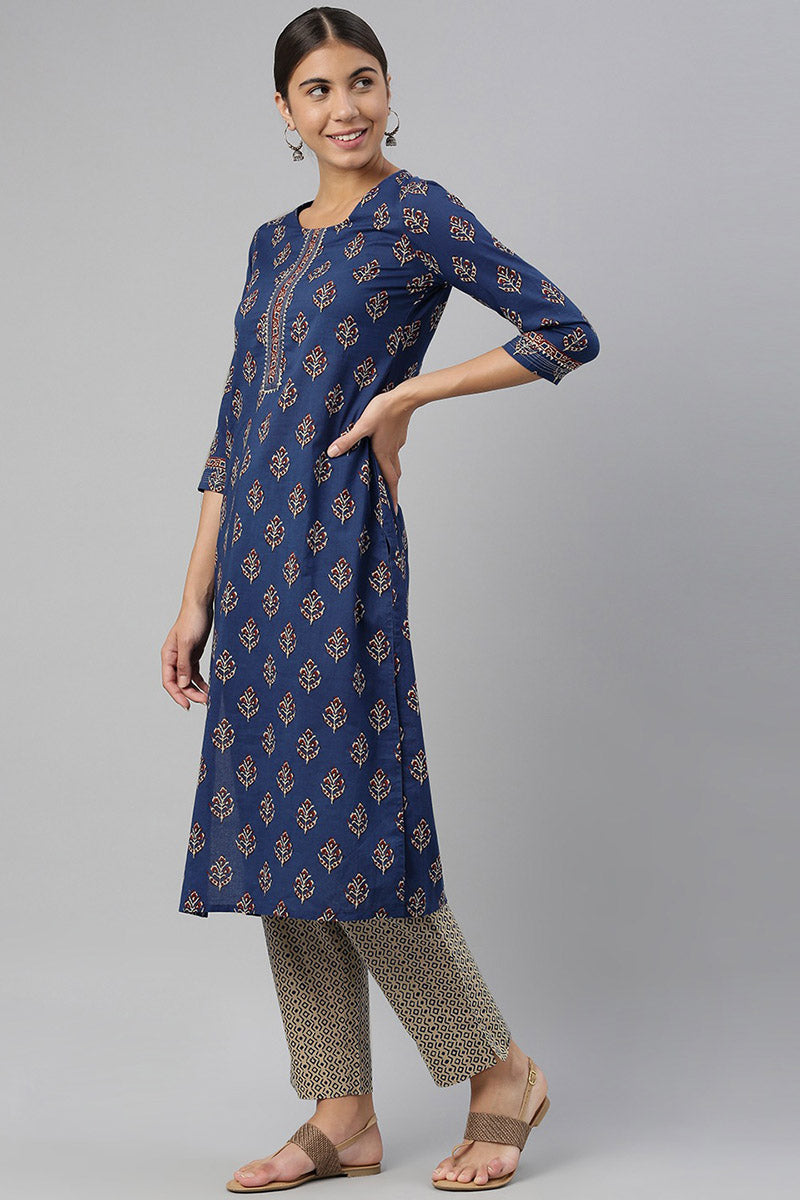 Navy-Blue-Cotton-Fabric-Printed-Fancy-Kurta-And-Palazzo