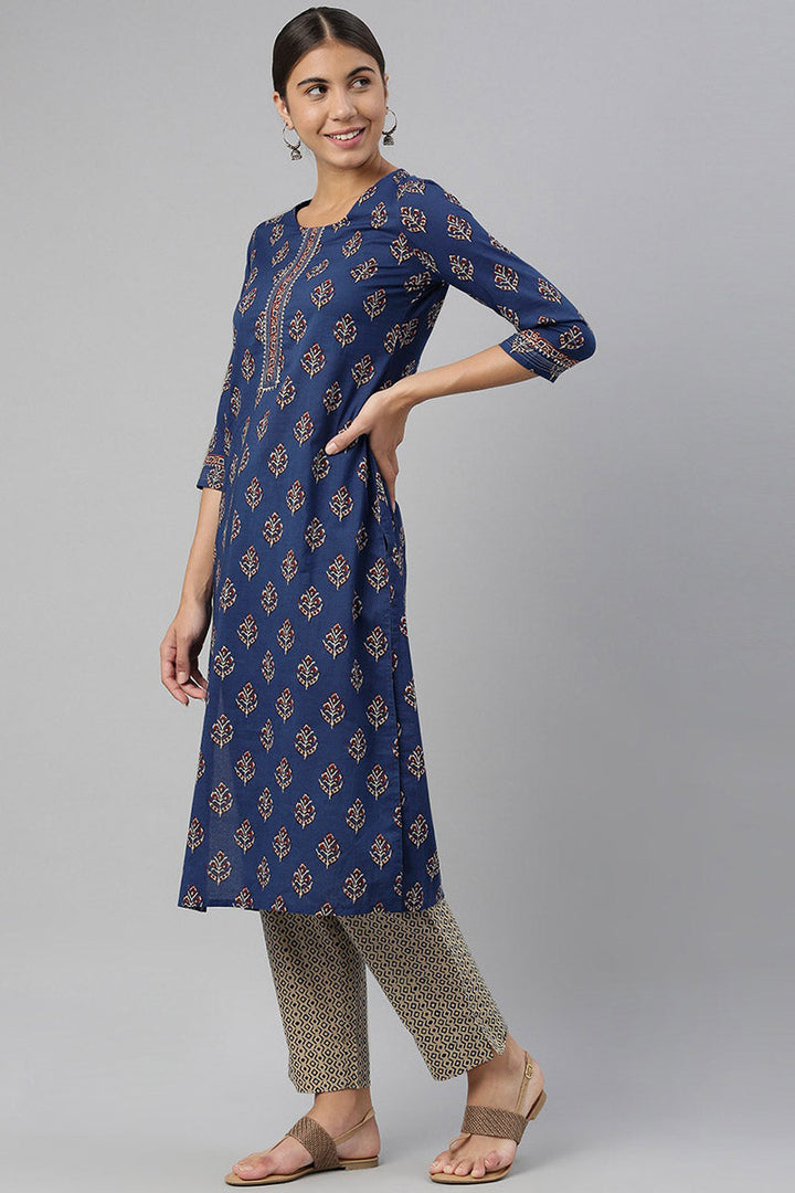 Navy-Blue-Cotton-Fabric-Printed-Fancy-Kurta-And-Palazzo