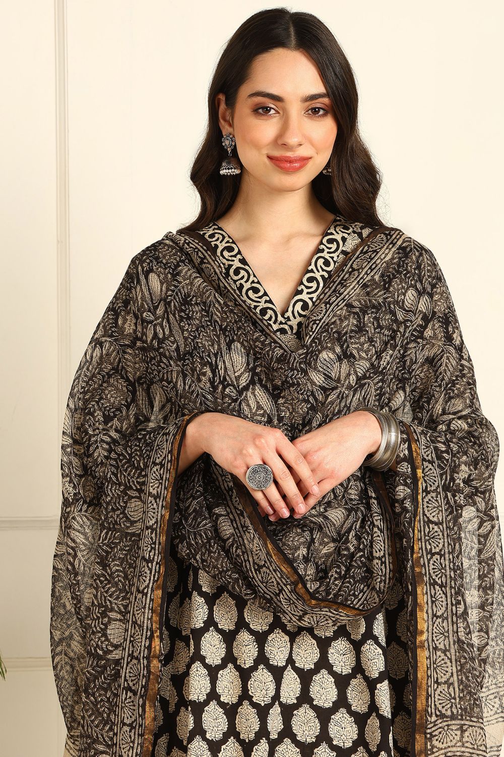 Black-Cotton-Bagru-Hand-Block-Printed-A-Line-Kurta